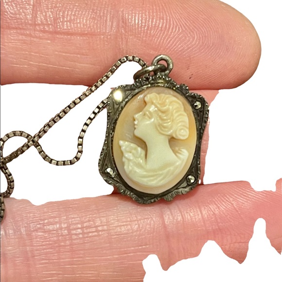 Antique 800 sterling silver shell cameo marcasite necklace Marcasite - Picture 10 of 12